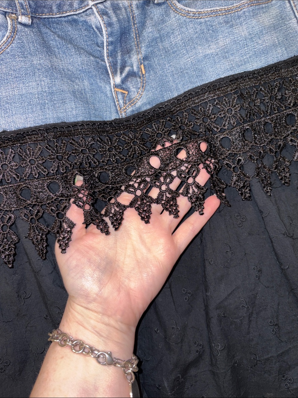 Upcyled GAP Denim & Black Crochet Tiered Mini Skirt Size 4 - Picture 3 of 13